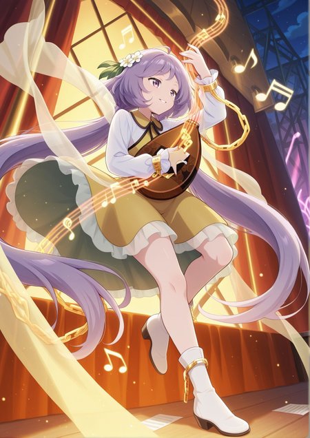 absurdres, highres, masterpiece, best quality, amazing quality, official anime artwork, screencap, anime screencap, night, notes, music, floating hair, parted lips, smile, dynamic pose, 
<lora:Tsukumo-Benben_Illustrious:1> tsukumo benben, 1girl, solo, purple eyes, purple hair, long hair, twintails, ahoge,, hair flower, white flower, yellow dress, frilled dress, long sleeves, biwa lute, playing, music, stage,