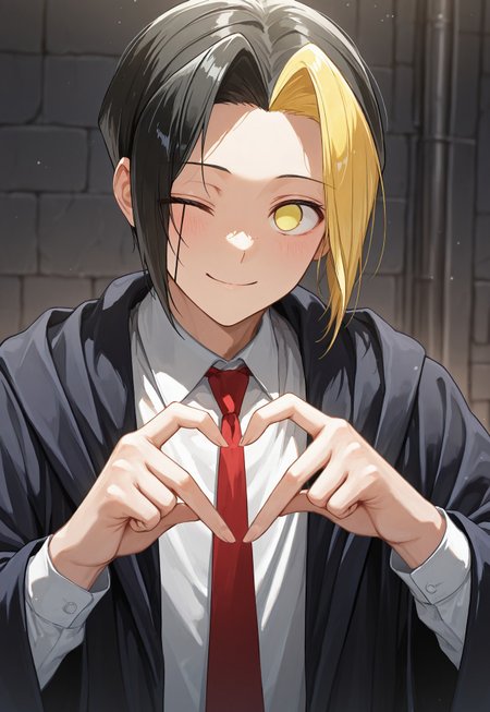 masterpiece, best quality, amazing quality, very aesthetic, absurdres, newest, detailed background, heart hands, no pupils, f1nn, 1boy, solo, facial tattoo, yellow eyes, black hair, blonde hair, split-color hair, cloak, collared shirt, necktie, upper body, smile, one eye closed