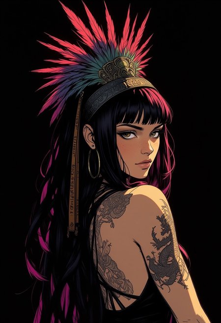 ultra realistic, masterpiece, high detailed skin, best quality, high res, very aesthetic, best quality, good quality, very aesthetic, 8K, focused subject, 1girl, solo, hoop earrings, black hair, exotic hair, (hair ornament:1.4), detailed headdress, exotic headdress, glowing hair, feather, dreadlocks, (shaman), long hair, back tattoo, looking at viewer, from side, blunt bangs, upper body, arm tattoo, dragon tattoo, eastern dragon, shoulder tattoo, bare shoulders, long hair, brown eyes, yakuza, cuddling with eastern dragon, black background