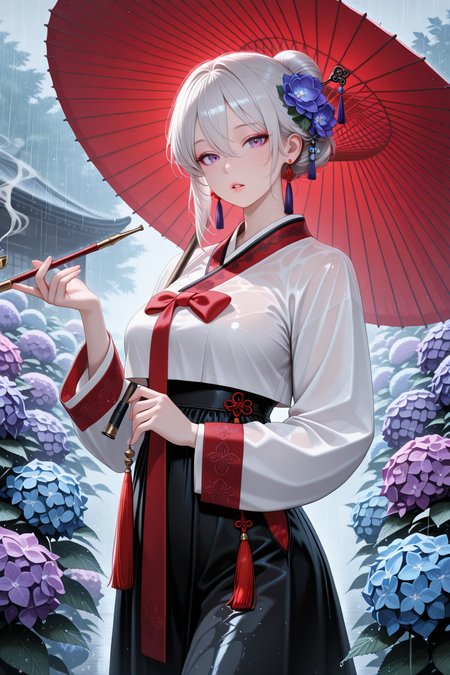 lazypos, 1girl, flower, solo, umbrella, holding, hydrangea, hair ornament, rain, korean clothes, purple flower, holding umbrella, purple eyes, looking at viewer, smoking pipe, hanbok, oil-paper umbrella, earrings, hair between eyes, hair bun, jewelry, hair flower, parted lips, long sleeves, holding smoking pipe, tassel, skirt, single hair bun, white hair, kiseru, grey hair, black skirt, outdoors, blue flower, breasts, hair stick, tassel earrings, red bow, bow, shirt, standing, cowboy shot <lora:super_secret_lora_not_released:2> <lora:TrendCraft_The_Peoples_Style_Detailer-v2.3I-4_15_2025-Illustrious:0.4>