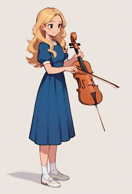 score_9, score_8_up, score_7_up, score_6_up, source_anime, 1girl,solo,long hair,blush,smile,blonde hair,simple background,white background,dress,standing,full body,shoes,socks,black eyes,blue dress,white footwear,white socks,playing instrument,violin,
<lora:hong_soonsang_v0.3-pony:1>