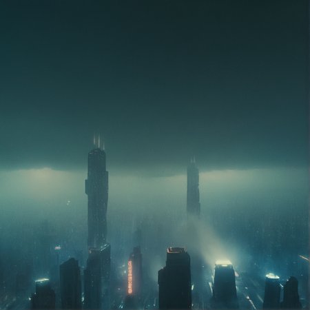 Cinematic shot of cyberpunk skyline Blade Runner Style, 1980s Movie Still, foggy atmosphere, film grain