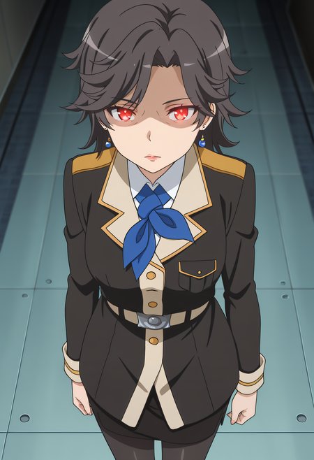 masterpiece,best quality,amazing quality,very aesthetic, absurdres

1girl, solo, Mayuki Munetani, red eyes, military, uniform, lips, jewelry, belt, pantyhose, high heels, anime coloring, (eye wrinkles),

Blank eye, expressionless, emotionless, close mouth, red eyes, glowing eyes, looking forward, shaded face, 

Standing, cowboy shots, 

anime coloring,
