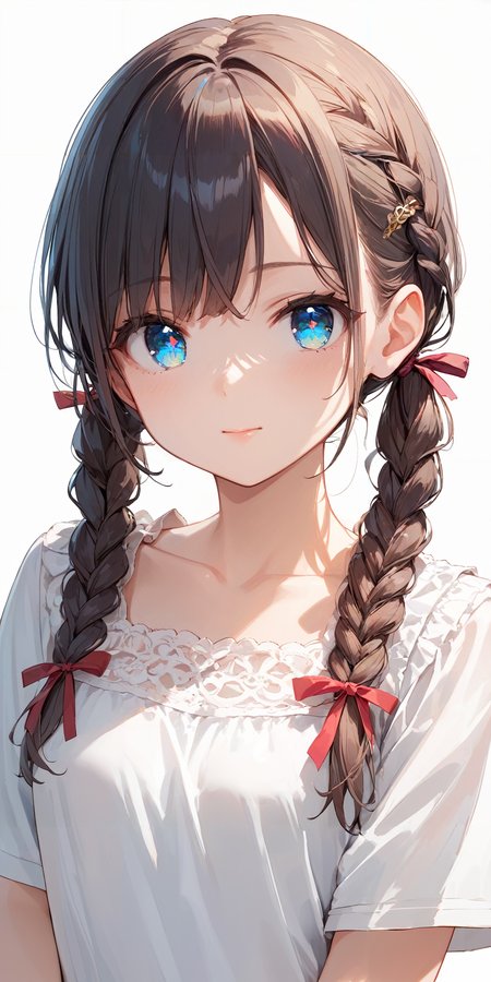 score_9, score_8_up, score_7_up,source_anime, high res image,masterpiece,best quality,girl,cute face,clear skin,shiny hair,ultra detailed eyes,simple background,    <lora:braid twintail_pony_V1.0:1> braid twintail, ribbon