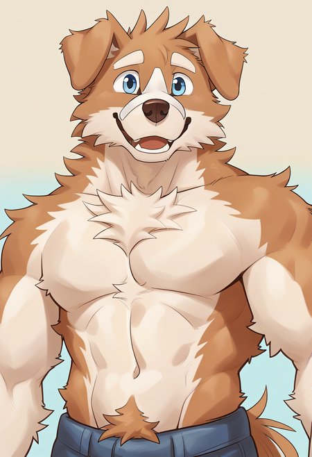 high quality, hires, by tupidwithouts, furry, 1boy, solo, dog boy, blue eyes, brown fur, white eyebrows, white muzzle, tail, happy, floppy ears, topless, white short hair, pants, two tone fur,  <lora:TupidwithoutS_style:1.2>