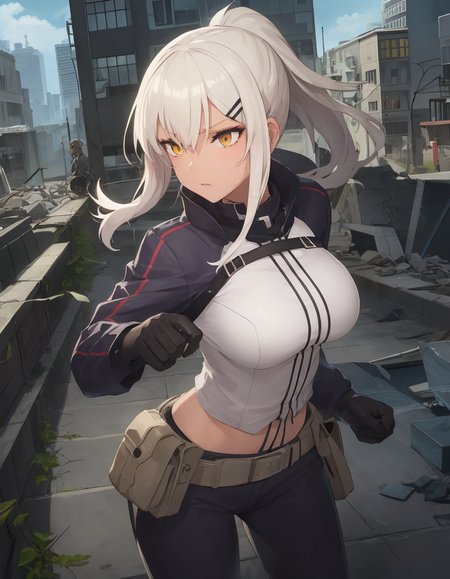 (extremely detailed CG unity 8k wallpaper),(masterpiece), (best quality), (ultra-detailed), (best illustration),(best shadow), (sharp eyeliner, eyeshadow, detailed eyes:1.2), battlefield, ruins, rubble, city, cowboy shot
,BREAK
(m590), dynamic pose, ponytail , low tied hair, 
<lora:M590:.8>