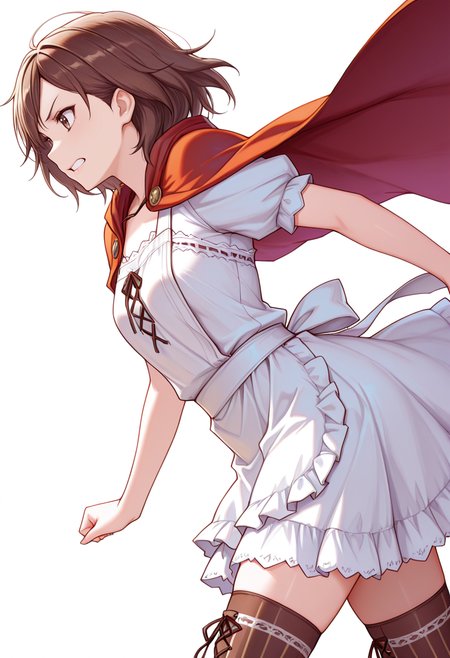 masterpiece,high quality details, absurdres,colorful, 
 <lora:Hiro_Kurusu_V2:0.8> hiro_cnr,  1girl, brown hair, short hair, brown eyes,, simple background, white background, from side,solo,, clenched teeth,open mouth,, lace-up top,cape,apron skirt,  ,vertical-striped thighhighs,