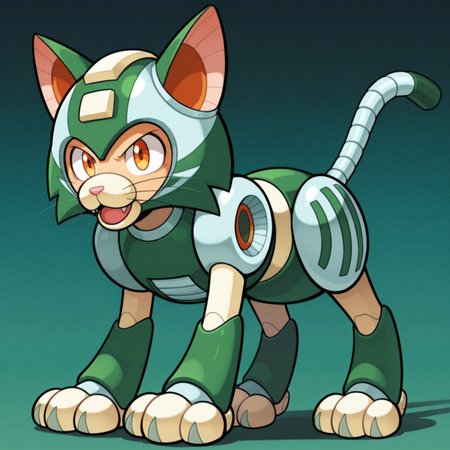 male, robot, feline, cat, non-humanoid robot, feral, green helmet, cat-like ears, animal ears, orange eyes, cat muzzle, pink nose, green and gray body, two whiskers, mechanical tail, light yellow paws,

BREAK full body, open mouth smile, looking at viewer, happy, green abstract background, standing, happy, front view

BREAK best quality, amazing quality, very aesthetic, absurdres, newest, masterpiece, high quality