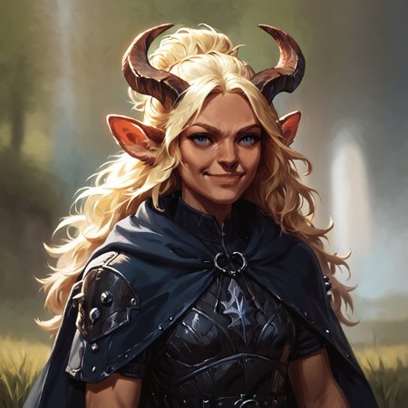 safe_pos, (((beautiful, high quality))), upper Body, score_9, score_8_up, score_7_up, blonde hair, long hair, hair bun, small breasts, woman, looking at the viewer, dynamic pose, blurred background, in the style of jeff-easley, oil painting, realistic, short sleeves, smirk, black armor, (studded leather armor:1.1), cloak, hood, satyr, faun, horns, animal ears, big horns,