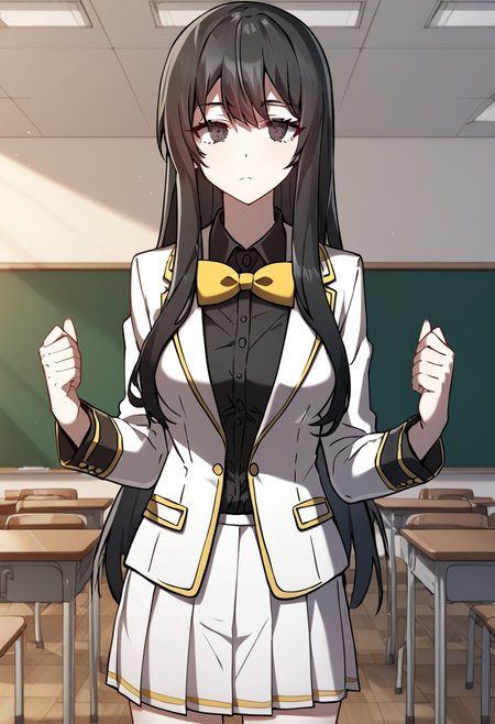 Ellen_Artorius, black hair, black eyes, long hair, medium breasts, webtoon, manhwa.white blazer, black shirt, collared blazer, yellow bowtie, academy school uniform, white skirt, medium breast,manhwa, webtoon, BREAK indoors, classroom, sunset, BREAK cowboy shot, looking at viewer, standing,closed mouth,neutral face, front view, dynamic pose BREAK score_9, score_8_up, score_7_up, source_anime ,zPDXL,  <lora:Ellen_Artorius:0.8>