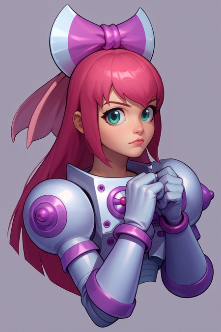 score_9, score_8_up, score_7_up, BREAK,1girl, solo,  <lora:princessrobotbubblegum-guy-PONYv1:1>. ARMprincessrobotbubblegum, hair bow, armor, simple background, gloves,