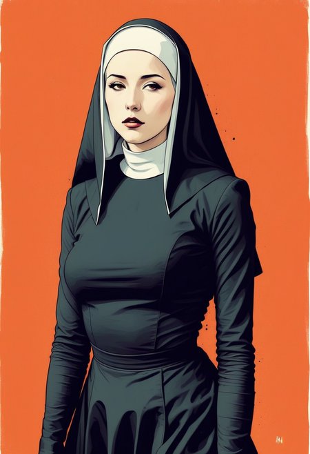 Shy Sexy nun, (minimalistic, aggressive art style, hard shapes, Abstract, industrial) pure colors, vector textures