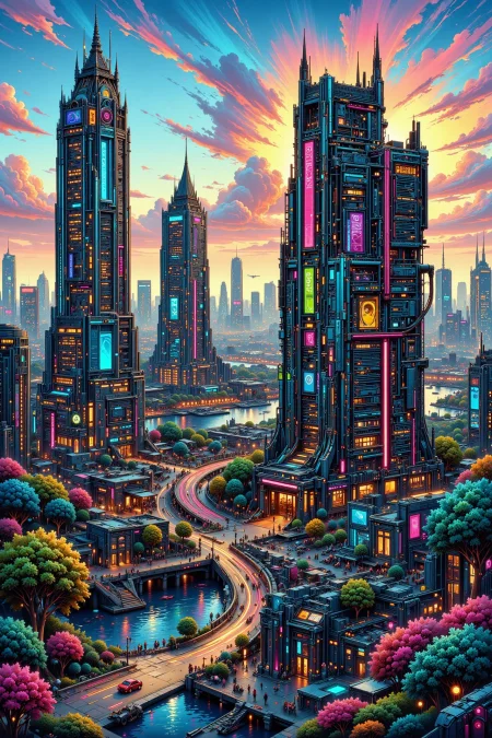skyscraper beautiful  landscape, morning, woman, very intricate, very detailed, sharp, bright, colorful, <lora:Hand v2:0.5> <lora:Anti-Blur:1><lora:Insane Detail Slider:0.25>  <lora:flux.1_lora_flyway_Epic-detail_v2:0.3> <lora:fluxenhancer:0.25> <lora:ck-Neon-Retrowave:0.4> ck-rw, in the style of ck-rw, <lora:Neurocore Anime Cyberpunk v2.0:0.8> <lora:neon-cyberpunk-alla-prima:0.6> mad-llprm