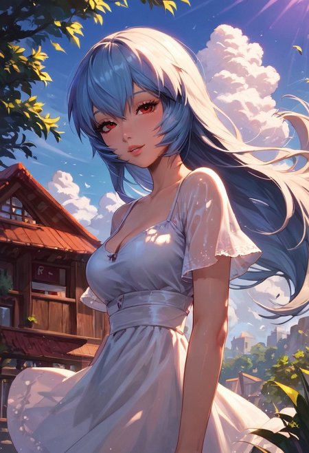 score_9, score_8_up, score_7_up, score_6_up, ayanami_rei, 1girl, [side view], looking at viewer, white sundress, see-through silhouette,diaphanous dress, rating_questionable, summer, wind, beautiful woman, cute, sunlight, 
BREAK light blue hair, official_alternate_hairstyle, very long hair, long bangs, big eyes, red eyes, half-closed eyes, light smile, parted lips,
BREAK short sleeves, pale skin, cleavage,
BREAK outdoors, town, detailed background, island, seascape, blue sky,