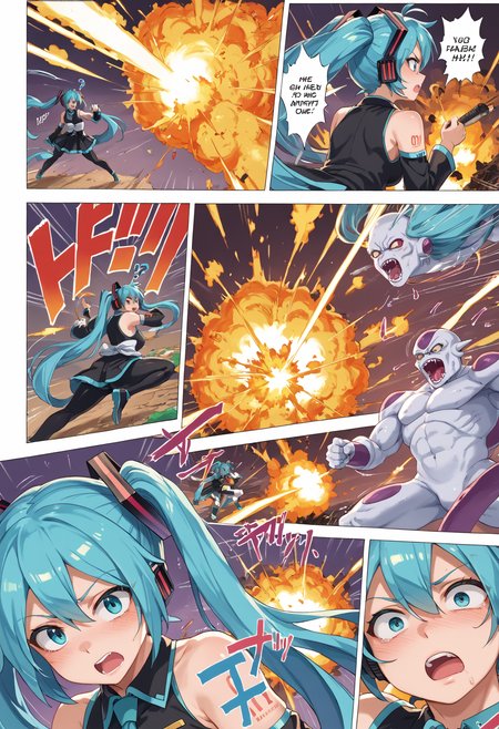 score_9, score_8_up, score_7_up, score_6_up, score_5_up, score_4_up, anime source,
<lora:FComic_1to1000_Pony_V1:0.1>
<lora:DBBattle_Pony_V2:0.8>DBBattle, (duel:1.25), (comic:1.25), battle, emphasis lines, speed lines, motion lines, !?, !!, style parody,
Frame, Text, English Text, speech bubble, trembling, focus line, vibrating line, comic expression, Sound effect,
1 girl, girl forcas, 2+ boys, Monster Boy, Creature Boy, Mutant Boy,
fighting stance, aura, simple backgraund,,
injury, torn clothes,
((explosion)),
(mature female:1), huge brests:1, shiny skin, oily skin, Thick thighs, voluptuous lower body,
<lora:miku-hatsune-ponyxl-lora-nochekaiser:0.5>, miku hatsune,