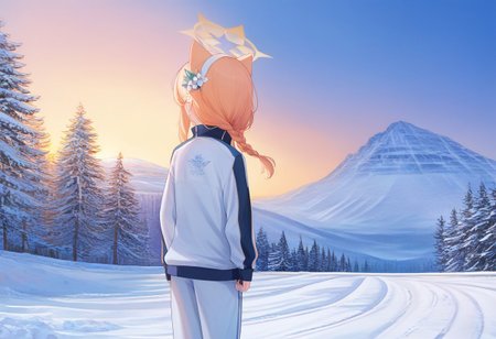 score_9, score_8_up, score_7_up, upper body Mari_(Track)_(Blue_Archive), blue_eyes, orange_hair, braid, long_hair, flat_chest, halo, hair_flower, animal_ear_fluff, gym_long pants,blue_pants,track_jacket, blue_jacket, white_hairband Mari_(Blue_Archive), Mari_(Blue_Archive), easynegative, 
Winter_Forest,scenery,scenery,outdoors,tree,sky,snow,nature,winter,forest
Snowy mountain,outdoors,back view ,snowy landscapes,large portion of landscape ,small size character,dusk,sunset,snowy landscape