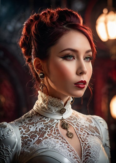 masterpiece, best quality, dark environment, (steampunk:1.5), a woman, (white latex with lace), turtleneck, (jewelry, earrings, necklace), burlesque, sexy, 8K, extremely detailed, decorated clothing, dragon, bloodwave, dynamic, great lighting, perfect shading, depth of field, soft side light, very detailed glowing background, <lora:MS_Aika_Yumeno_V2_SDXL:0.8>, <lora:add-detail-xl:0.8>