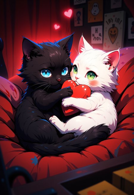a digital painting depicting  black cat with bright blue eyes and white cat with bright green eyes, nestled on a cushion and cuddling a heart-shaped toy. They is looking at the viewer.  The scene is in a cozy, comfortable room where the lighting is soft and warm, with a scarlet hue giving the setting an illuminating glow. The overall atmosphere radiates warmth, comfort and love