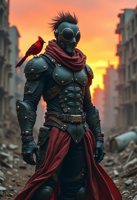 professional-quality high-contrast photo of a post-apocalyptic warrior standing amidst the ruins of a devastated city. The warrior is clad in a futuristic, battle-worn suit with intricate details, including reinforced armor plates, utility belts, and a flowing scarf that billows in the wind. His face is obscured by a menacing, high-tech mask with large, dark lenses that reflect the chaotic scene around him. His spiky hair juts out from under the mask, adding to his fierce appearance.
A striking feature of the photo is the small red bird perched on his gloved hand, its vivid color contrasting sharply with the otherwise bleak and desaturated colors. The background is filled with crumbling buildings and debris, with a fiery orange-red sky casting an ominous glow over the scene. The entire composition exudes a sense of resilience and defiance, as the warrior stands tall and unyielding in the face of a harsh, unforgiving world.
The high quality should capture the stark contrast between the gritty, decayed environment and the warrior's imposing, almost heroic presence, with a dynamic use of textures and shadows to emphasize the tension and drama of the scene