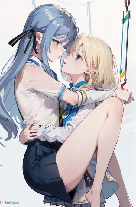 (suspended congress:2),best quality,masterpiece,absurdres,2girls,yuri,from side,facing another,
looking at another,hug,bare legs,PIXIV,<lora:style-ç¾åè±å¼yuri Lora:0.5:lbw=0,0,0,0,0,0,1,1,0,0,0,0,0,0,0,0,0>,
(blush:1.1),
ADDCOMM,
leg fold,thighs lift,
<lora:char-mygo_ä¸°å·ç¥¥å­togawa_sakiko_bangdreamitsmygo:0.7:lbw=0,0,0,0,0,0,0,0,1,1,1,1,0,0,0,0,0>,togawa_sakiko_bangdreamitsmygo,äºº-mygo-mygo_ä¸°å·ç¥¥å­togawa_sakiko_bangdreamitsmygo,embarrass,parted lips,shy,
yellow eyes,(black_ribbon:1.1),light blue hair,(ribbon:1.1),(hair_ribbon:1.1),long_hair,bangs,sidelocks,short socks,black_loafers,miniskirt,frilled shirt,flat chest,
ADDCOL,
standing,
<lora:char-mygoä¸è§åè¯ Misumi Uika (Bang dream! Ave Mujica):0.7:lbw=1,0,0,0,0,0,0,0,1,1,0,0,0,0,0,0,0>,
misumi uika,bright blonde hair,purple eyes,elder sister,
shorter hair,white shirt,dark yellow skirt,short sleeves,bare shoulders,flat chest,