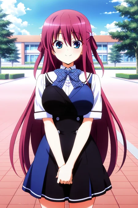anime screenshot, anime coloring, suou amane, red hair, hair rings, white bow, hair bow, blue eyes,  large breasts, school uniform, pinafore dress, black dress, blue dress, two-tone dress, short sleeves, white shirt, blue bowtie, plaid bowtie, looking at viewer, smile, own hands together, cowboy shot, outdoors, day, blue sky, masterpiece, best quality, high quality, highres, absurdres,  <lora:suou_amane_ILXL:0.9>