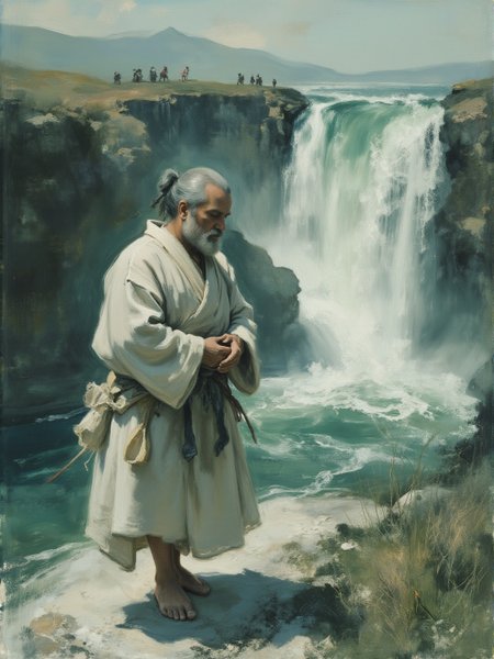 Op Art realistic photo of intricate bawdy illuminated (plump:0.5) sad male Oriental monk walking beside a mountain river, raging torrent, (silver-tinted:0.5), very detailed, ethereal white and pale-green and silver palette. Distant people in the background. The scene is both serene and ominous. <lora:white1:0.5> <lora:AmeshinART_Dream:0.5> <lora:Midjourney_Whisper_AgateX_v1:0.5> <lora:Eldritch_Paint_Sketch_for_Flux_1.0.5:0.7>