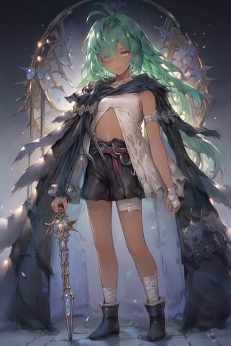 score_9, score_8_up, score_7_up, score_6_up, score_5_up, source anime, flat chest, looking at viewer,  solo, <lora:Kolulu_Granblue_Fantasy:0.8> , kolulu \(granblue_fantasy\), koluludef, (dark skin), green hair, green eyes, long hair, bandages, hair over one eye, living room, smile, <lora:hand 4:0.65> , Hand, hands, perfect hands, full body, (holding), polearm, weapon, <lora:s0mXLP:0.8> , s0m,
