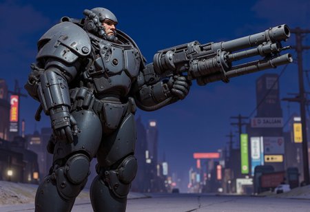 1man, A heavily armored warrior in futuristic black power armor stands confidently, wielding a massive gatling gun. The armor is bulky, with reinforced plating, large shoulder pads, and complex mechanical joints. The helmet has a slit like visor and built from multiple triangular metallic elements, giving the character a rugged, battle-hardened look. The gatling gun features a drum magazine, with visible wiring and mechanical components, emphasizing its powerful nature. The character exudes strength and resilience, with an imposing and intimidating stance, full shot, full body visible, ultra realistic, masterpiece, he walks in a deserted road, distant cyberpunk metropolis, night time, neon light lights the sky.