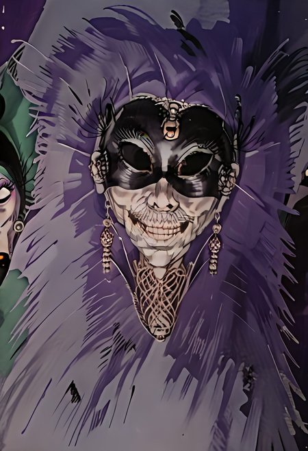 masterpiece, best quality, amazing quality, very aesthetic, high resolution, ultra-detailed, absurdres, mature female,  a cover of a larry brent novel, illustration \(genre\), pulp art \(style\) , macabre, spooky, horror \(theme\), Yzma, Purple Skin, Old Woman, Gilf, Earrings, V3net1an_m1ask, mask, mysterious mask, Carnival mask, mask, Venetian mask, mysterious mask, luxurious,