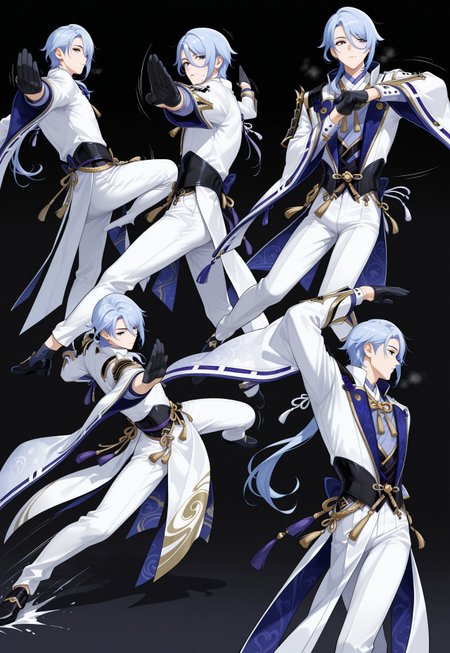 1boy, solo, Ayato, blue hair, blue eyes, hair between eyes, swept bangs, mole, mole under mouth, kamisato ayato, japanese clothes, white pants, black gloves, mayutanzkungfu, multiple views, (motion lines:1.5), action pose, flying kick, kung fu pose, jojo pose, kicking, the pose, best quality, amazing quality,