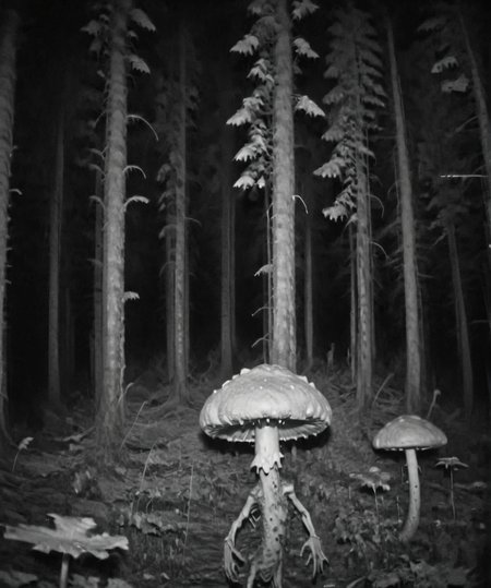 Camera trap, monochrome, A giant humanoid mushroom runs through the forest, horror   <lora:Camera trap:1>