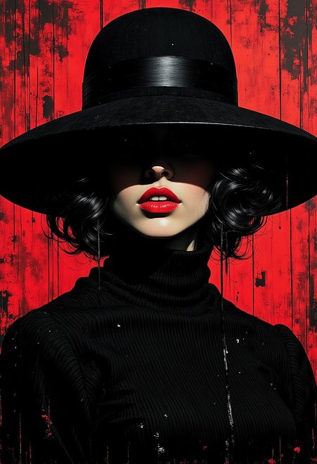 (nistyle, monochrome Manga Sketch, rough textures, cinematic:1.2), film noir style, shadowplay. a japanese femme fatale wearing wide brimmed hat, obscuring her face mostly with shadows. the woman has fair skin, dark, voluminous curls styled in an elegant 40s updo, and striking red lipstick. her eyes are accentuated with bold, black eyeliner and mascara. she exudes timeless elegance and sophistication. hyperdetailed manga sketch style, with bleached vibrant colorful neon color Highlights, grey, blue and red color grading.