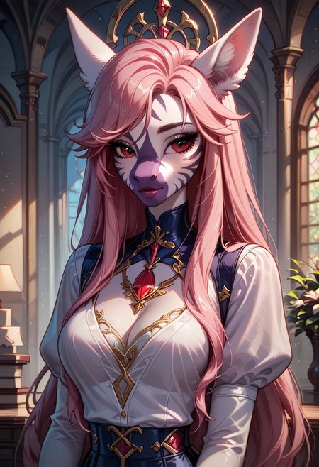 masterpiece, best quality, very detailed, score_9, score_8_up, score_7_up, score_6_up, natural hair color, solo, 18 years old,  1woman, solo, long hair, pink hair, black choker, green eyes, eyeliner, gorgeous lips, cinematic, gorgeous lips, (masterpiece), (best quality), (ultra-detailed), very aesthetic, illustration, perfect composition, intricate details, absurdres, detailed face, (anime, masterpiece, intricate:1.3), (best quality, hires textures, high detail:1.2), (4k),(incredibly detailed:1.4) greyscale, black schoolgirl uniform with red, white hair pigtails with bows, red eyes, dark erie room, ambient lighting
Expressive, Vintage, 1990s \(style\)
(anthro female zebra: 1.2), <lora:Anthro_Fox_Zebra_for_Pony:0.6>,
 <lora:princess_xl_v2:0.75>
<lora:OldAnimeStyle_XL_v3:0.5>
<lora:Expressive_H:1>