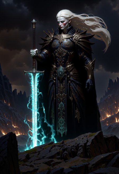 Digital fantasy artwork featuring a warrior woman in an epic battle scene. She stands tall with fierce determination, her pale skin contrasting against her black, armor-like bodysuit covered in intricate silver engravings. Her long, silver hair flows wildly, catching the wind as she holds a glowing, rune-etched sword, emanating a blue ethereal light. Her eyes shine with the same blue glow, as if channeling ancient magic. The background depicts a shattered landscape, with dark storm clouds, glowing embers, and distant mountains, adding to the dramatic tension. Concept art, cgsociety contest winner, HD, 4K, 8K, soft body, shadow play, light, atmospheric, cinematic, light film, hyper-detailed, hyper-realistic, masterful work, atmospheric, high resolution, 8K, HDR, 500px, mysterious and ornate digital art, photic, intricate, fantasy aesthetic + 8K,drkfnts style