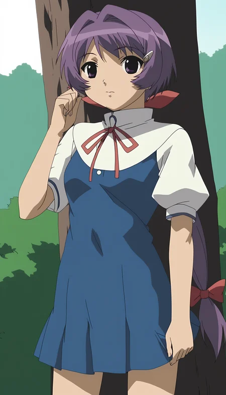 score_9, source_anime BREAK, oldest, anime screencap, outdoors, school yard, day, sunlight,  leaning on tree, <lora:Chiaki YoshiKawa(Pony):1>ChiakiYoshikawa, 1girl, solo, short hair, low ponytail, purple hair, hair ornament, hairclip, capelet, hair ribbon, ribbon, red ribbon, school uniform, dress, blue dress, white sleeves, looking at viewer,