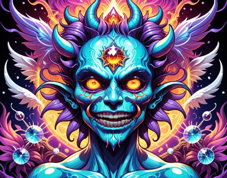 <lora:Daisy-Acid:.4> color line art,acid-art, trippy, daisyart, sketch, Magic-style Demon, it is Biochemical and Mad, absurdres, epic atmosphere, magical, dslr, stunning, aesthetic, romantic, located artistic, extremely stylish, perfect background, sublime, dynamic composition,Hyperrealistic, crystal-clear,with super sharp details and vivid colors, intricate textures, and pristine clarity
