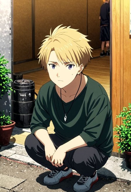 high resolution, solo, best quality, 1Boy, Yamato Ishida, Blond Hair, Necklace, lofi, candid, squat, depth of field, photo model, looking at viewer, OverallDetail