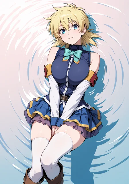 masterpiece, best quality, 1girl, solo, seras victoria, blonde hair, (konosuba:0.8), (aqua \(konosuba\):0.8), water, partially submerged, afloat, shallow water, ripples, lying, on back, (breasts squeezed together), (v arms), blue eyes, blue shirt, blue skirt, detached sleeves, dress shirt, long sleeves, pleated skirt, shirt, skirt, sleeveless, sleeveless shirt, white sleeves, aqua bow, aqua bowtie, bow, bowtie, layered skirt, miniskirt, thighhighs, thighhighs under boots, white thighhighs, zettai ryouiki, looking at viewer, light blush, light smile, closed mouth