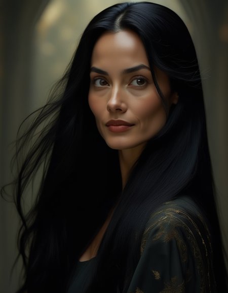 A regal portrait of a woman with long, straight black hair flowing down her back, her oval face serene and composed, her dark eyes filled with wisdom, her lips set in a calm, knowing smile as she gazes into the distance. <lora:usual-portrait-v2:1>
