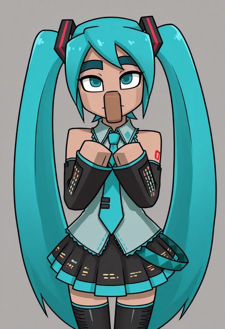 Minecraft_Villager, long nose, unibrow, 1girl, hatsune miku, blue eyes, blue hair, long hair, hatsune miku costume, cute pose