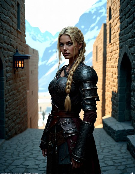Extreme photorealistic depiction of a beautiful female warrior, long blonde braided hair, looking at viewer,  realistic detailed skin texture, intricate leather armor, high-resolution, cinematic lighting, sharp focus, ultra-realistic, extreme realism, 8k, very detailed, high quality.

A secretive fortress built into the side of a mountain, with narrow paths leading to the entrance. The walls are made of dark stone, and the fortress is heavily fortified with watchtowers and archers’ slits. The air is crisp and cold, with snow-capped peaks in the background.Soft, flickering light from torches, casting warm, uneven light and deep shadows on stone walls.A warm, amber light from a setting sun, casting long, dramatic shadows across the scene.Natural light illuminating an open courtyard, with deep shadows cast by the tall surrounding walls.

The female warrior Standing with her Hands on hips, chin slightly lifted.