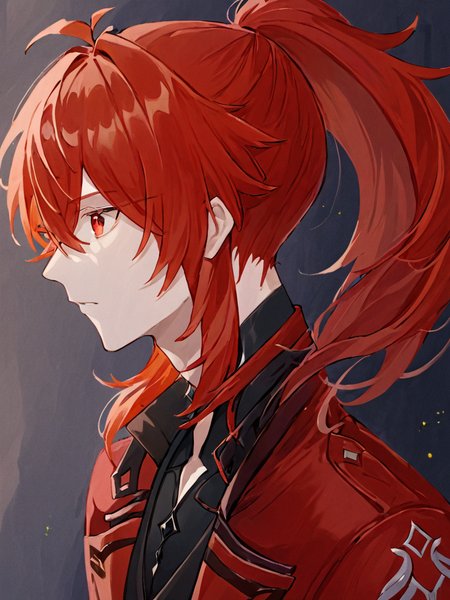 <lora:diluc2_xl:1>,diluc (genshin impact), 1boy, male focus, red hair, solo, red eyes, long hair, ponytail, hair between eyes, bangs, official alternate costume, closed mouth, shirt, jacket, black shirt, upper body, looking to the side, sidelocks, coat, red coat, looking at viewer, red jacket