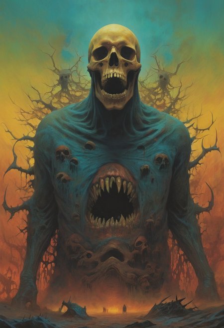digital artwork by Beksinski, epiCPhoto, masterpiece, The black death am I
Death in the eyes rancorous jaws,
Surrender!
The world was always ours!
 vibrant colors, contrastive colors