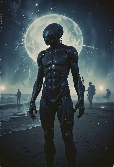 Dark influences. An alien from the constellation Alpha Centauri.. Darkness is an evil entity, creepypasta. Niko Anttila. Jeremy Mann, Charles Dana Gibson, Mark Demsteder, Paula Headley, mysterious modern vintage. futuristic, epic sci-fi style. photographic negative refractograph --ar 8:10 -- in 6.0.(full body shot, wide angle, centered, no cropping) - ar 9:16 - ar 1:2
