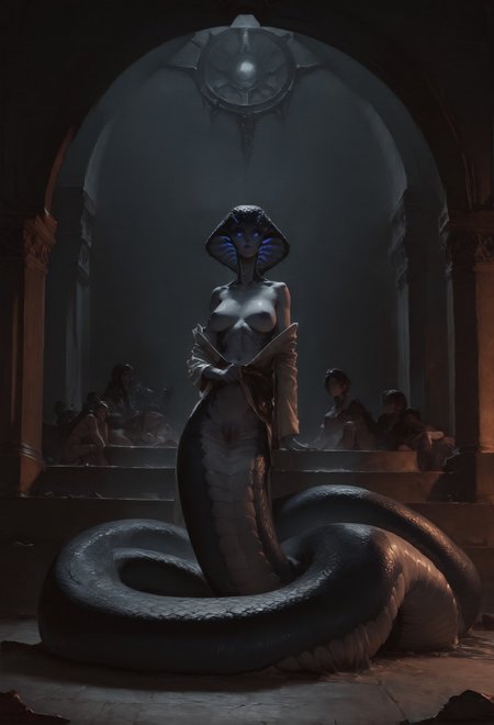 score_9, score_8_up, score_7_up,  snake scales, glowing snake eyes, snake eyes, dungeons and dragons, explicit_content, (small detail scales), pale skin, (slitted eyes), solo, 1female, traditional_media, full body, robes, naga, lamia, serpentine  <lora:pony/twilight_style:0.8> <lora:pony/expressiveh:0.8> expressiveh <lora:sdxl/sinfully_stylish_sdxl>
