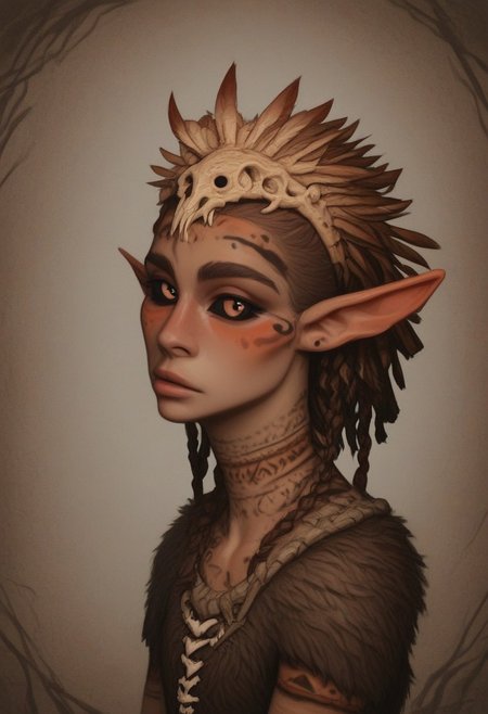 solo, bosmer, feminine, strong yet graceful, regal yet wild, bone-carved crown, elongated pointed ears, asymmetrical ear shape, snake pupils, dark bronze sclera, medieval setting, tribal leader, layered ceremonial robes, embroidered animal hides, intricate bone jewelry, deep tribal markings, eyes filled with wisdom, long wild braids wrapped in sinew, standing at a wooden throne, high wooden walls adorned with glowing runes, flickering firelight illuminating her face, tribal banners swaying in the wind, hyperrealistic details, cinematic storytelling