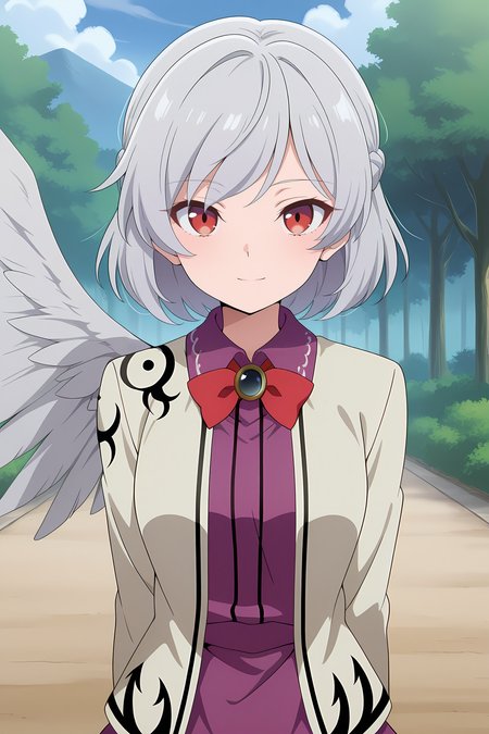 absurdres, highres, masterpiece, best quality, amazing quality, official anime artwork, screencap, anime screencap, outdoors, looking at viewer, light smile, 
 <lora:Sagume-Kishin_Illustrious:1> kishin sagume, 1girl, solo, red eyes, grey hair, short hair, french braid, single wing,, red bowtie, white jacket, long sleeves, purple dress,