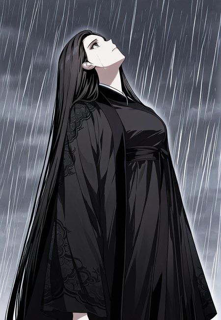 <lora:Seo_Baek_Hyang__SSS_Class_Suicide_Hunter__Illustrious:1>
1 girl, solo, black eyes, black hair, long hair, straight hair,
black hanfu, long flowing robe, embroidered sleeves, wide sleeves, layered dress, sash belt,
masterpiece*portrait, glowing eyes, shiny hair, lustrous skin, solo, embarassed, looking up, rain, grey sky, head back, full body, outdoors, crying