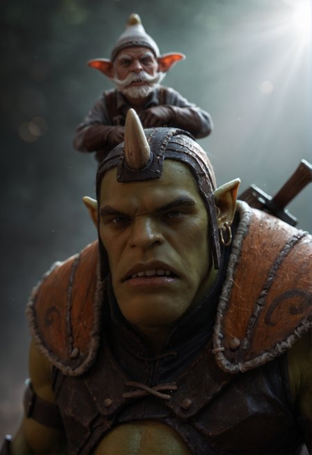 <lora:alhimist_v1:0.75>, alhimist_v1, 
2boys,multiple boys,
goblin, orc, pokemon \(creature\),
black eyes,
facial hair,mustache, beard, 
 single horn, 
 colored skin, green skin,  
pointy ears, teeth, 
earrings, nose piercing,
 brown footwear, armor, gloves, hat, helmet,  pants, torn clothes,, score_9, score_8_up, score_7_up, score_6_up, derpibooru_p_95, 
detailed eyes, beautiful, detailed background, perfect eyes, 
solo, 
__FULL__
blur censor, blurry, blurry background, blurry foreground, bokeh, motion blur,
chromatic aberration, depth of field, figure, focused,  focus
absurdres, amazing quality
photography, realistic sun light and shadows, photorealism, UHD --ar 9:16 --style raw --stylize 700,
rating_safe, cinematic, cinematic photo, close-up, portrait, orange rim lighting, atmospheric, bokeh, dynamic angle, vibrant lighting, dramatic shadows, highly detailed, realistic, high contrast, extremely detailed, photorealistic, professional, detailed skin, depth of field, film grain,