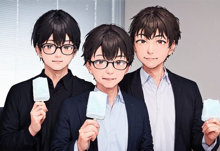 masterpiece, best quality, very aesthetic, absurdres,
garigarikun, food, multiple boys, male focus, 3boys, shirt, blinds, looking at viewer, white shirt, jacket, black hair, collared shirt, holding, black shirt, parted lips, black jacket, brown hair, holding food, formal, short hair, open clothes, smile, glasses
 <lora:garigarikun_SDXL_V1:1>